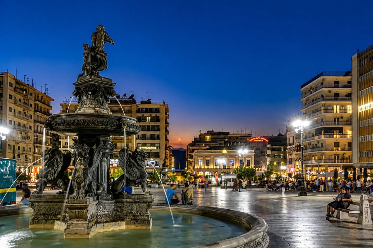 Πλατεία Γεωργίου Α΄ στην Πάτρα τη νύχτα με το ιστορικό συντριβάνι και φωτισμένο αστικό τοπίο