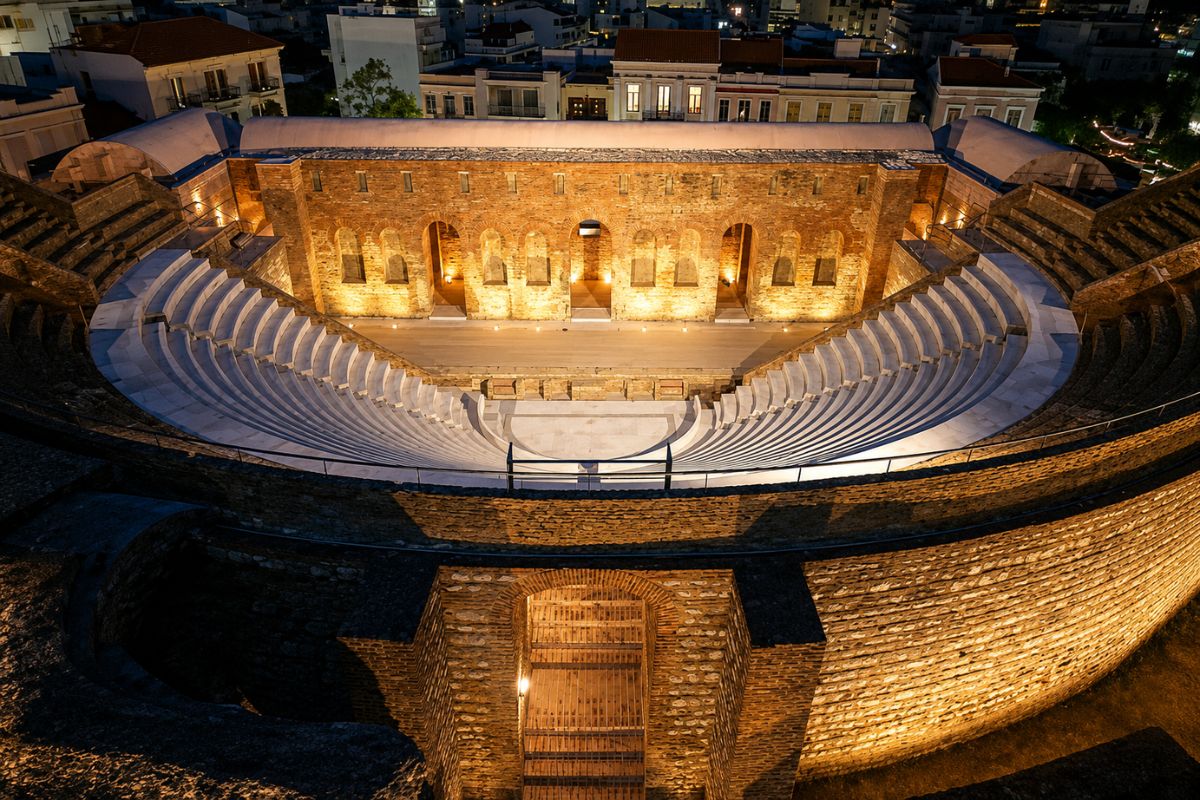 Ρωμαϊκό Ωδείο Πατρών φωτισμένο τη νύχτα, ένα από τα σημαντικότερα ιστορικά αξιοθέατα της Πάτρας
