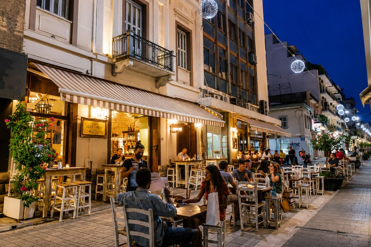 Πεζόδρομος της Ρήγα Φεραίου στην Πάτρα με εστιατόρια, καφέ και έντονη βραδινή ζωή