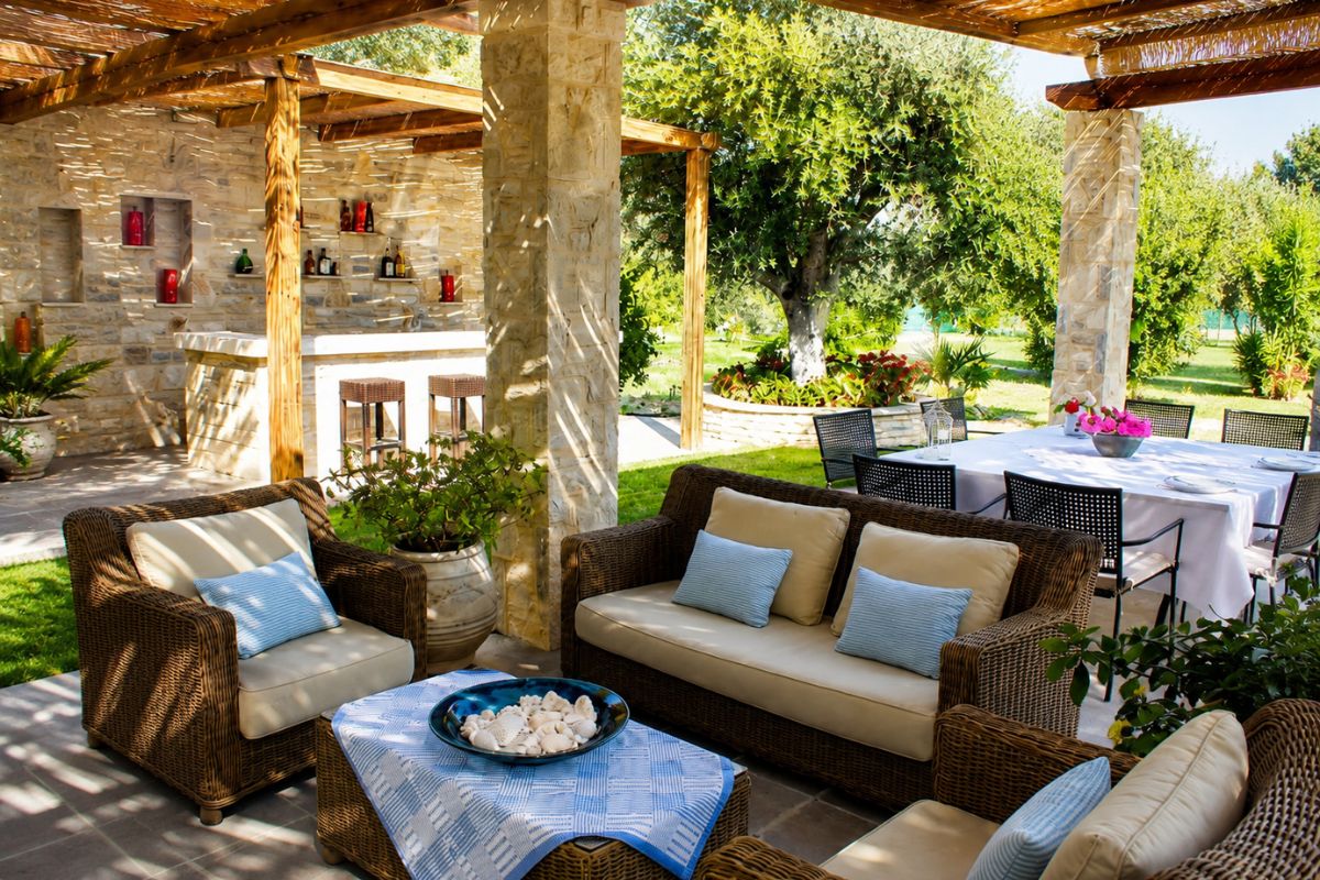 Кът за сядане на открито под пергола в градината – Patras Villa Elia