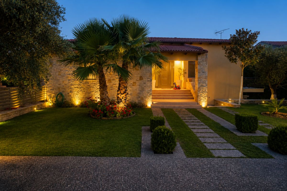 Φωτισμένη βίλα με κήπο το βράδυ στη Villa Elia, Πάτρα