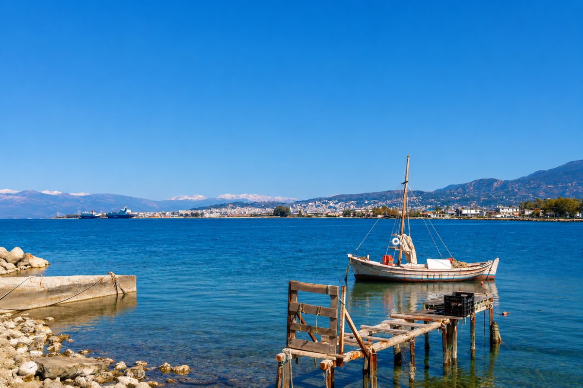 Παραδοσιακό ξύλινο καΐκι στα γαλήνια νερά του Πατραϊκού Κόλπου με πανοραμική θέα στην Πάτρα και τα γύρω βουνά