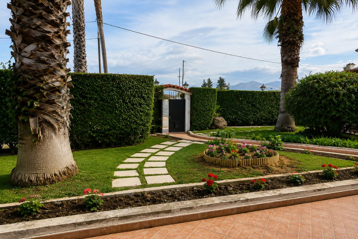 Περιποιημένος κήπος στο Patras Blue Suite με φοίνικες, καταπράσινο γκαζόν, λουλούδια και ιδιωτική είσοδο