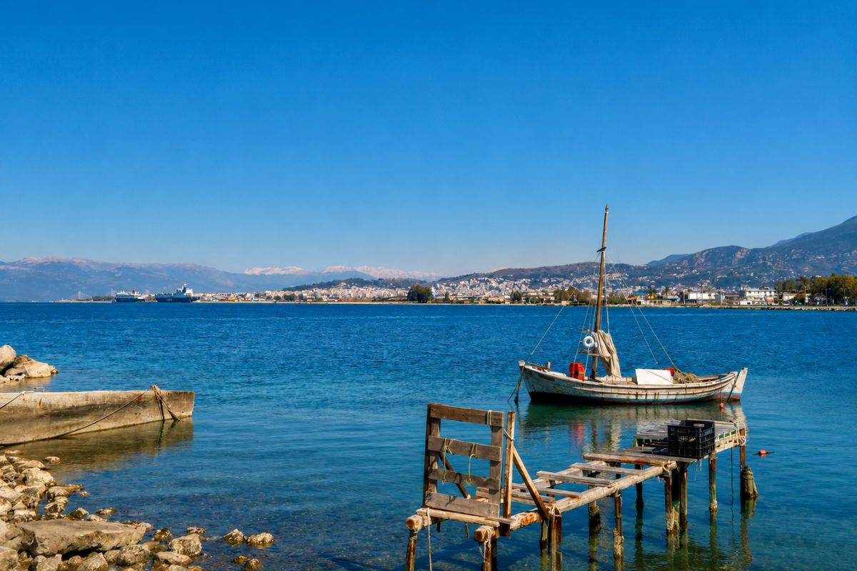 Παραθαλάσσιο τοπίο στην Πάτρα με παραδοσιακή βάρκα και θέα στον Πατραϊκό Κόλπο, σε μικρή απόσταση από το Patras Golden Suite