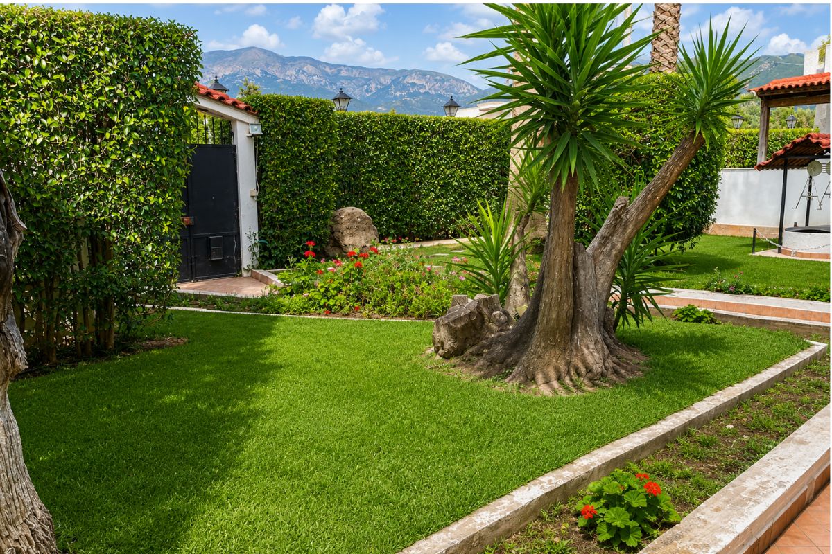 Καταπράσινος κήπος με φοίνικες στο Patras Palm Tree