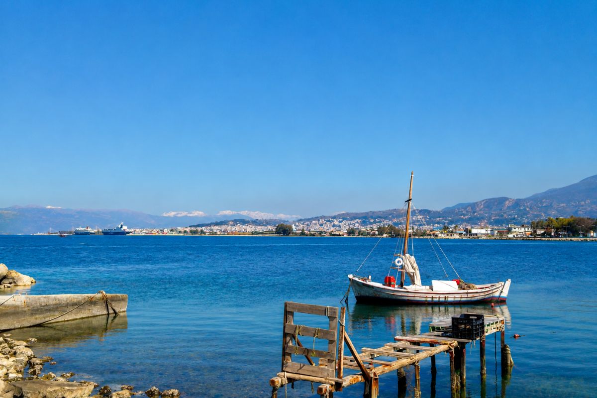 Παραλιακή θέα με παραδοσιακή βάρκα και βουνά, κοντά στο Romeo House Πάτρα